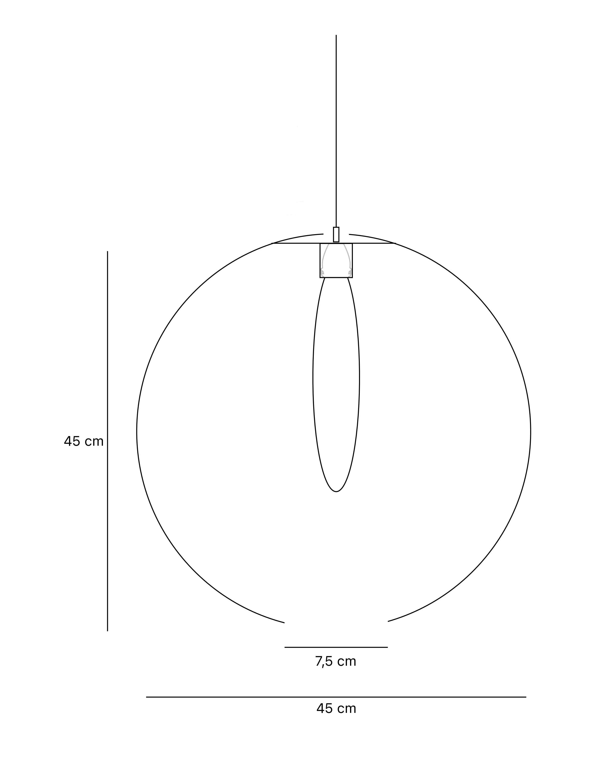 schematische Zeichnung des Lampenschirms mit Maßen und Leuchtzubehör