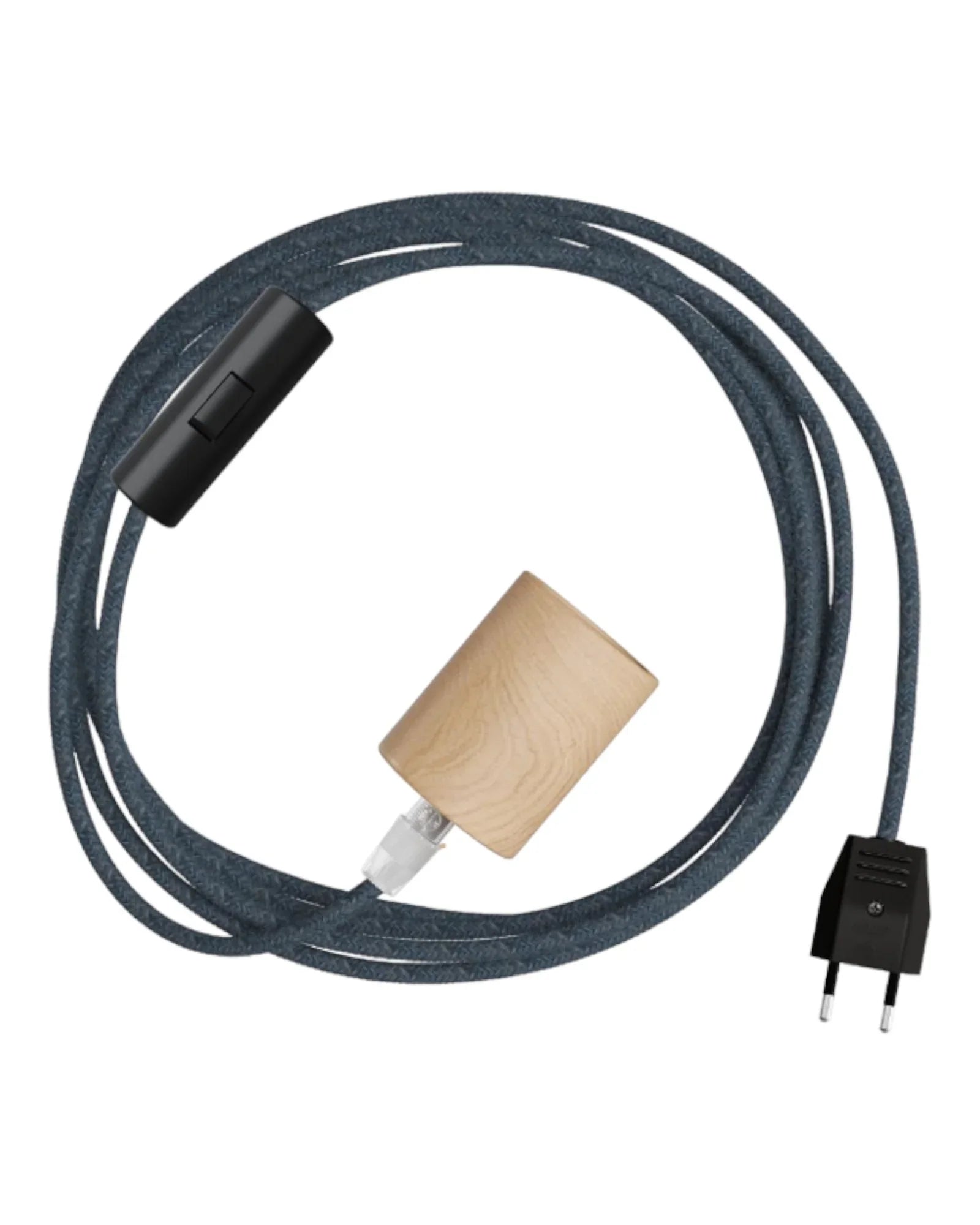 Lampenzubehör bestehen aus einer Holzfassung, einem Stoffkabel einem Lichtschalter und einem Stecker