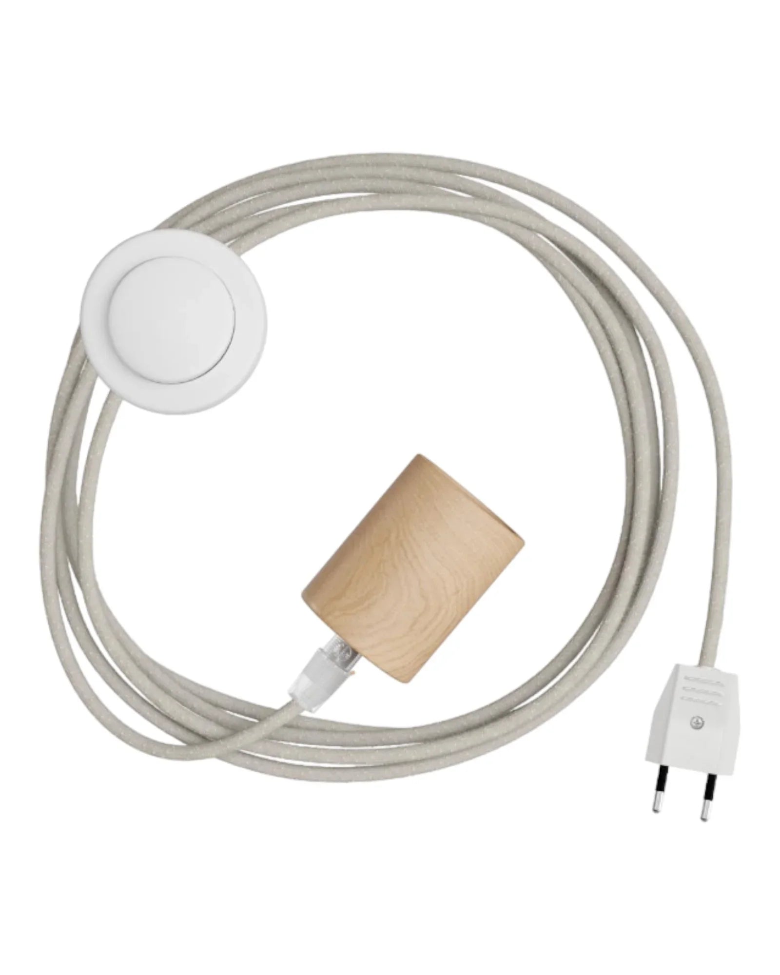 Lampenzubehör bestehen aus einer Holzfassung, einem Stoffkabel einem Fußschalter und einem Stecker