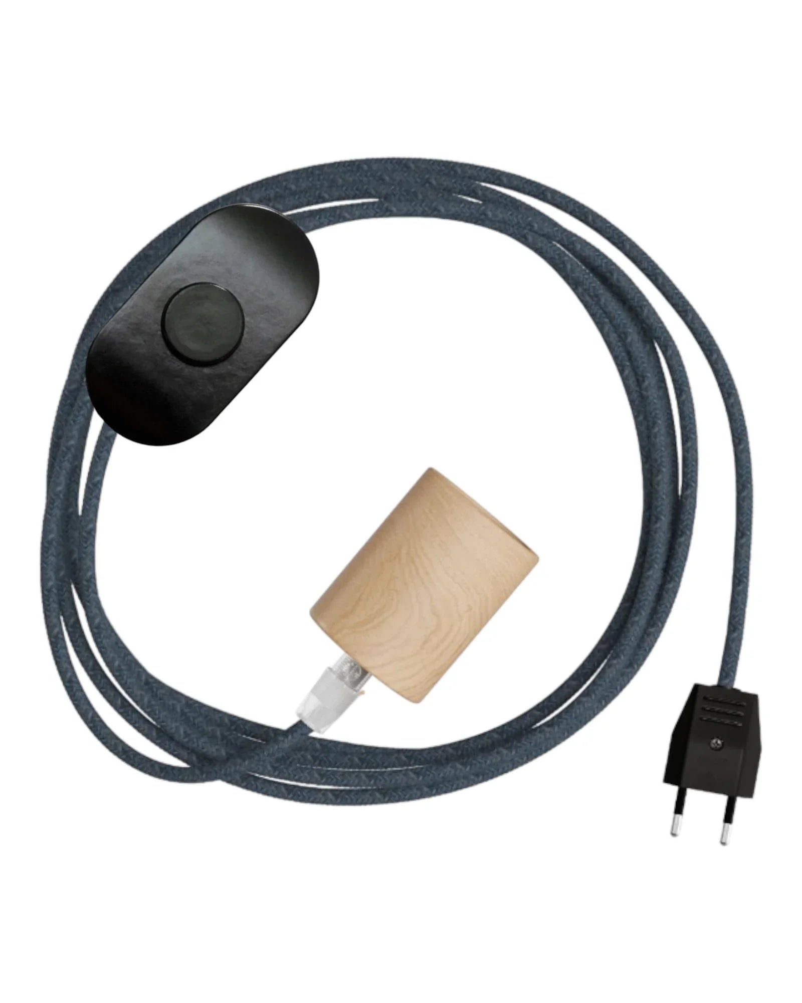 Lampenzubehör bestehen aus einer Holzfassung, einem Stoffkabel einem Fußschalter und einem Stecker