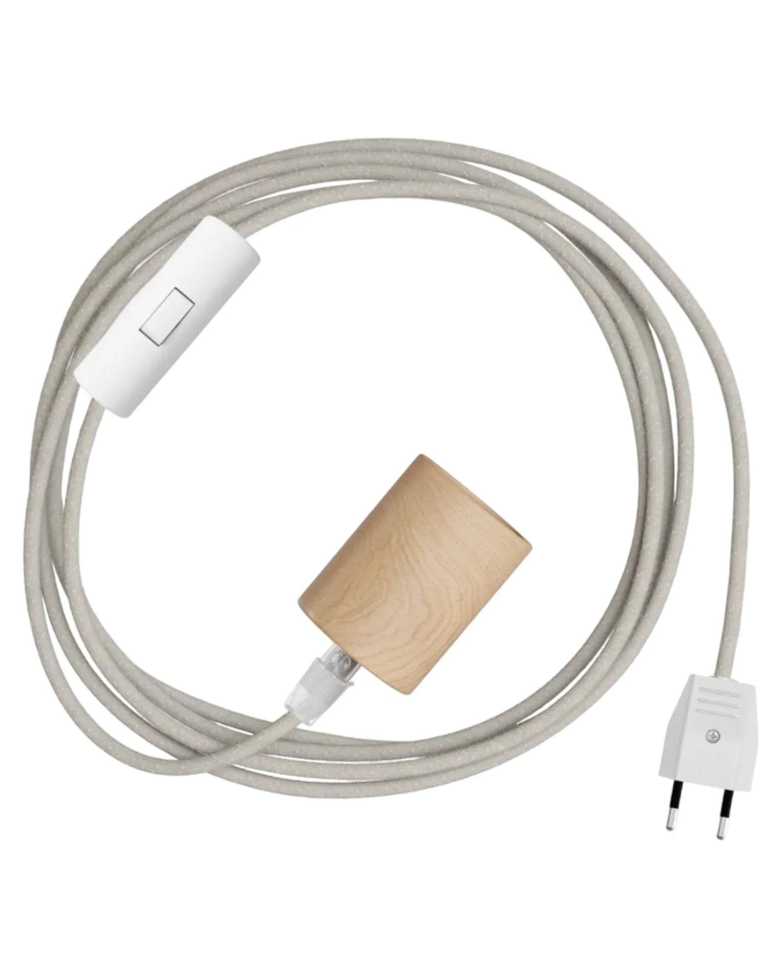 Lampenzubehör bestehen aus einer Holzfassung, einem Stoffkabel einem Lichtschalter und einem Stecker